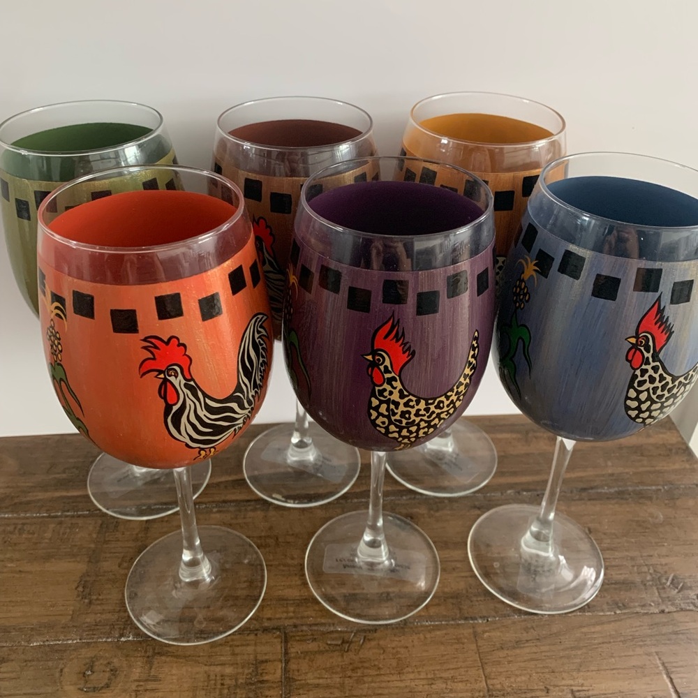 Hand-Painted Rooster & Chicken Wine Glass Set of 6